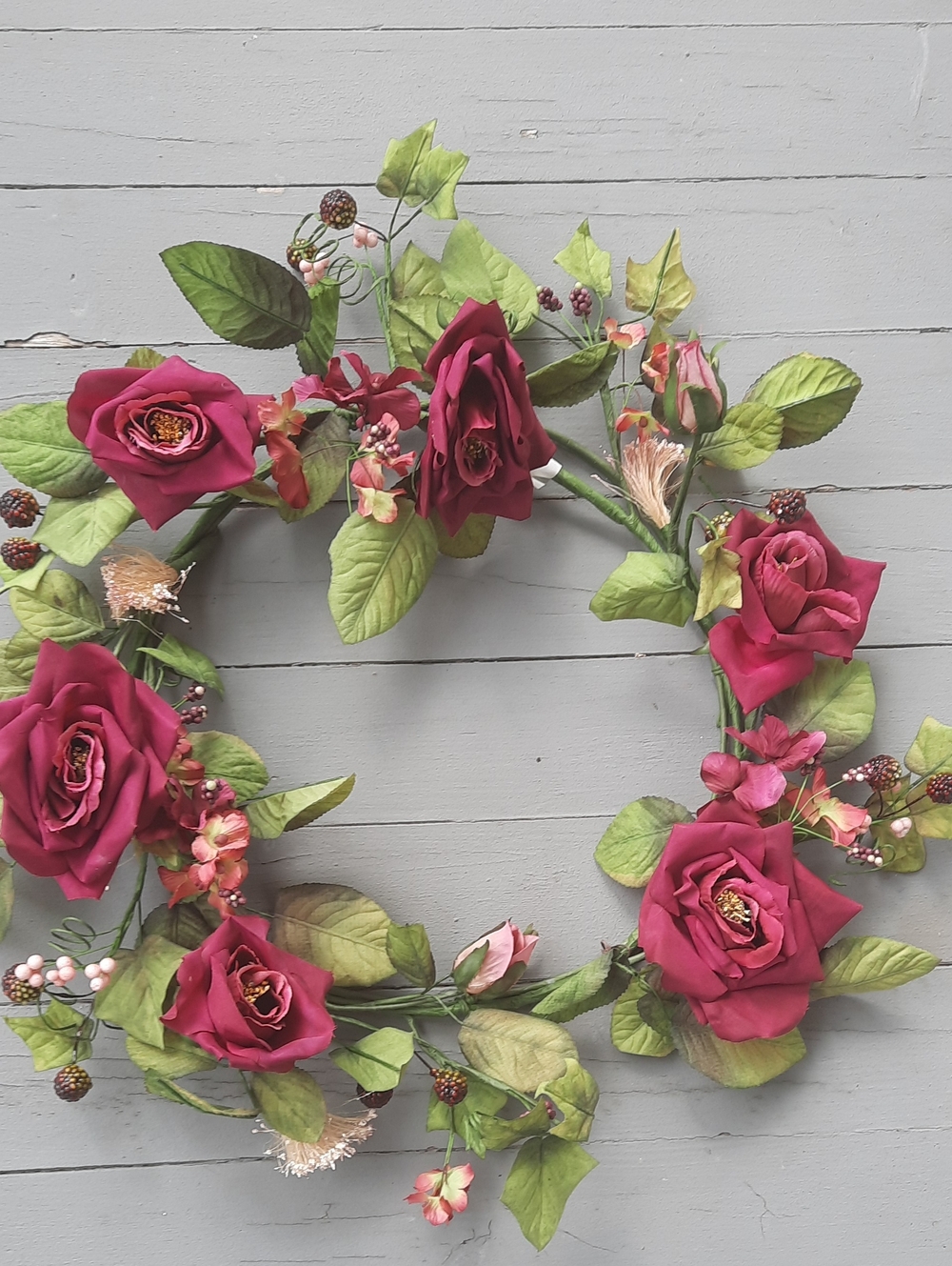 Burgundy Wine Rose and Greenery Wreath - Home Decor Accents Artificial Floral